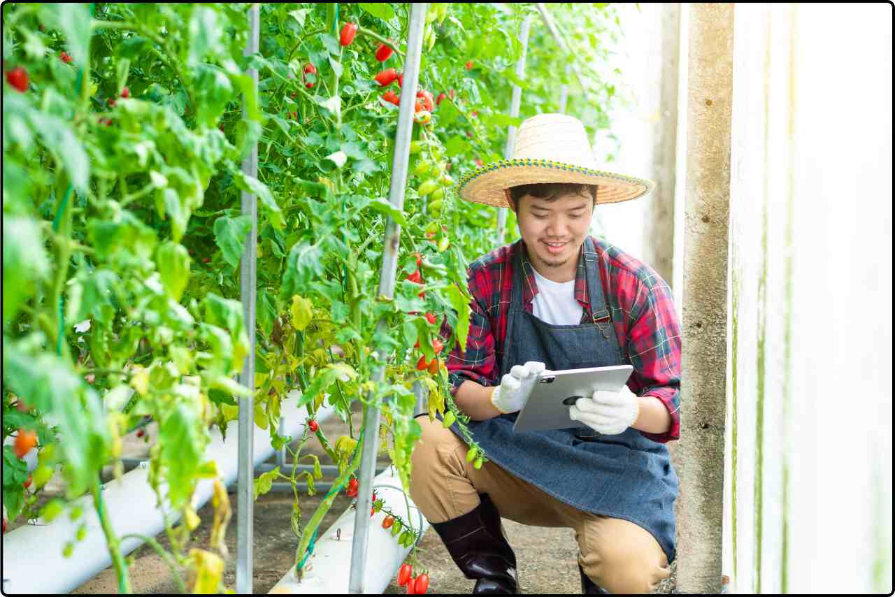 Students in an agricultural program using their phones to record observations during a field inspection.